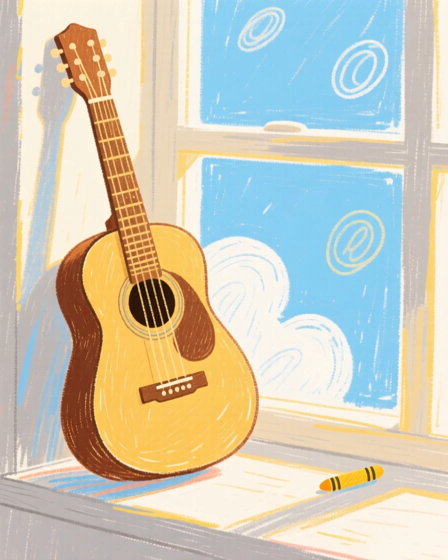 An acoustic guitar leaning against a sunlit windowsill.