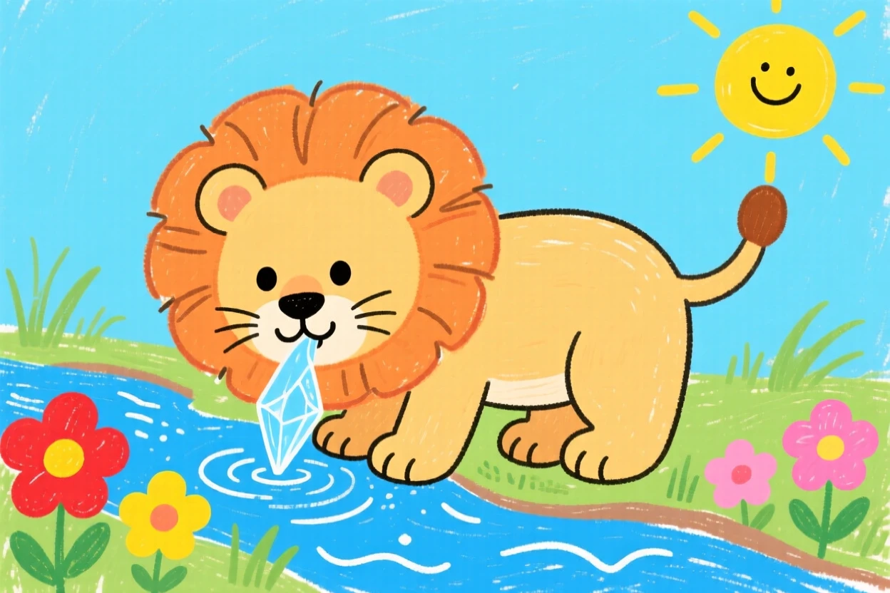 A fuzzy lion cub drinking from a small crystal-clear stream.