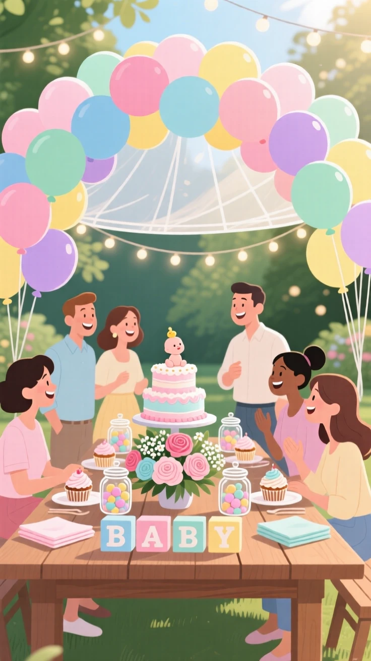 A baby shower table decorated with pastel balloons, set beneath a canopy of festive balloons, framed to capture the festive atmosphere in full detail, with a joyful sense of togetherness and celebration.