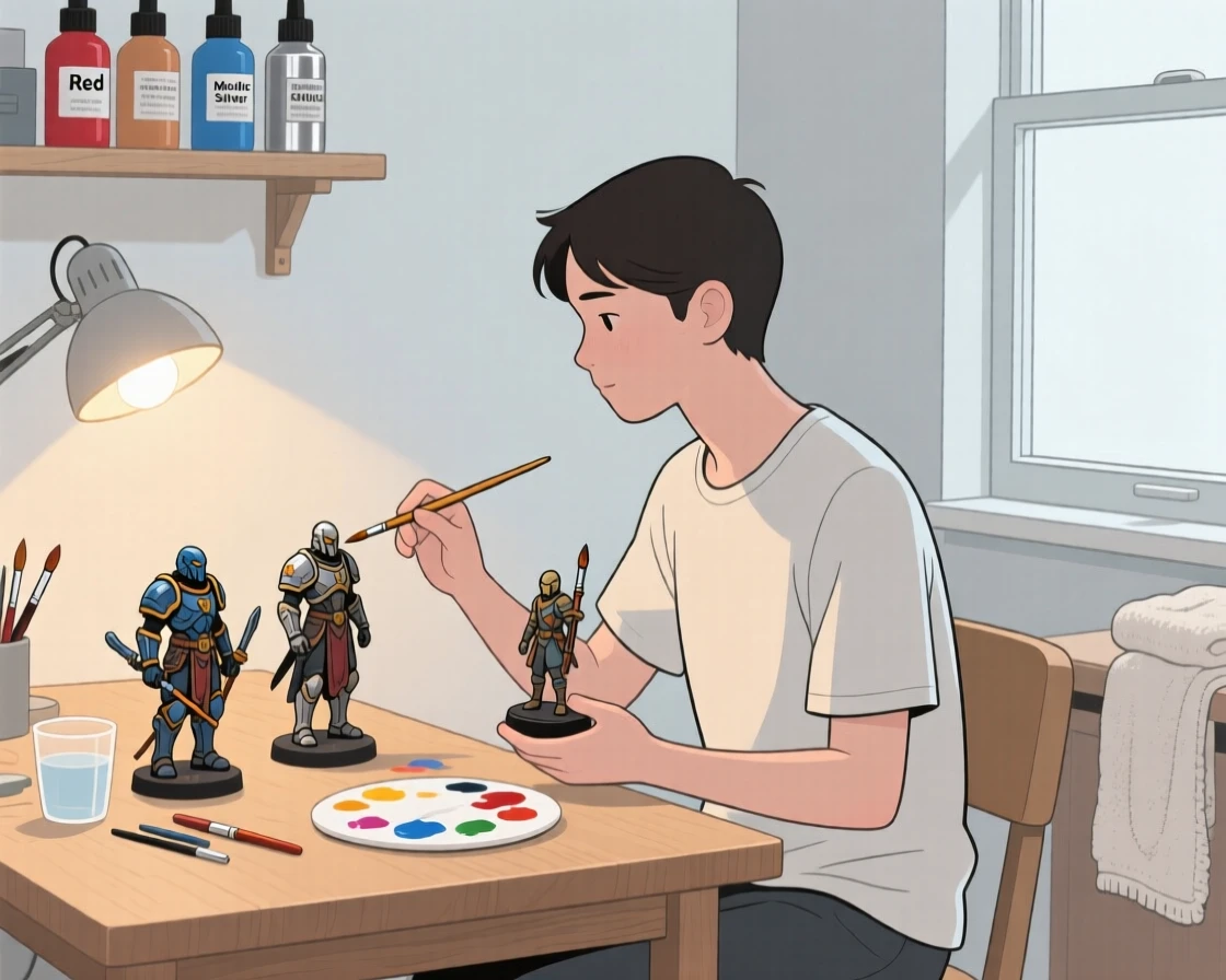 A person painting miniature figures in a quiet home studio.