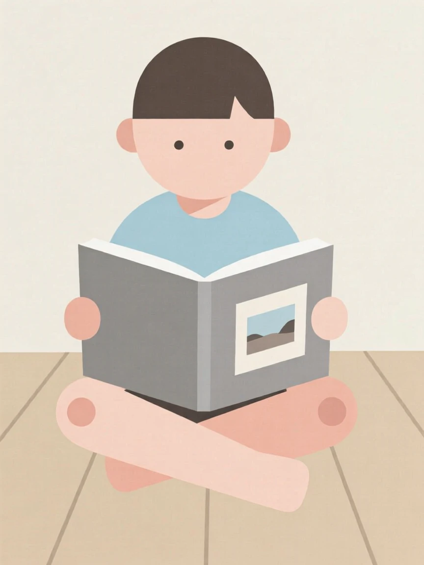 A child reading a picture book on the floor