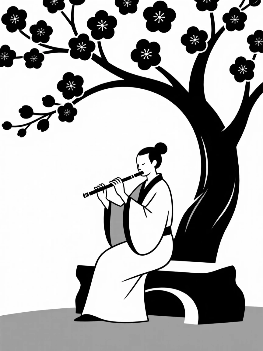 A flutist playing beneath a blossoming tree.