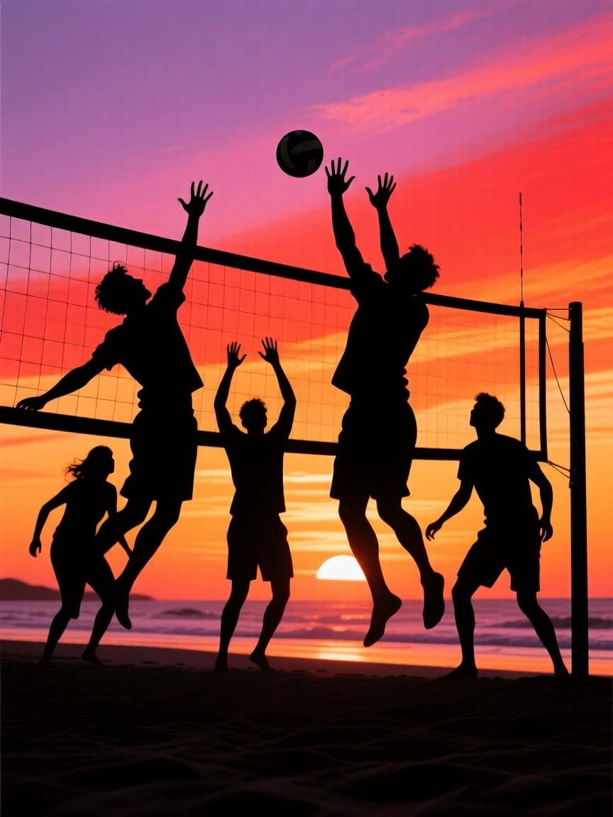 A group of friends playing beach volleyball as the sun sets behind them.