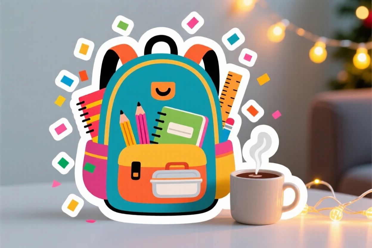 A festive and joyful back-to-school backpack with new supplies, surrounded by falling confetti, on a cozy holiday evening at home.