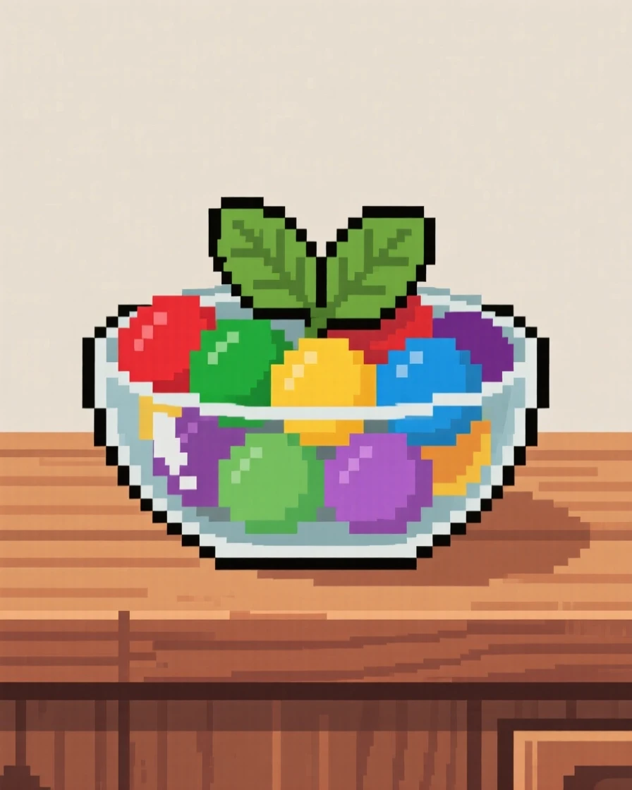 A bowl of colorful candy decorated with a sprig of mint, on a farmhouse countertop.
