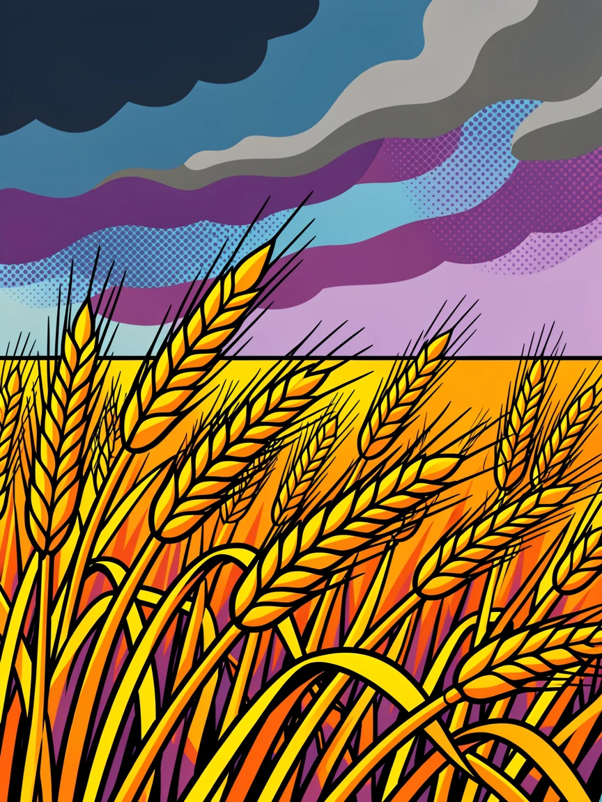 A late-day wheatfield rippling like waves under a stormy sky