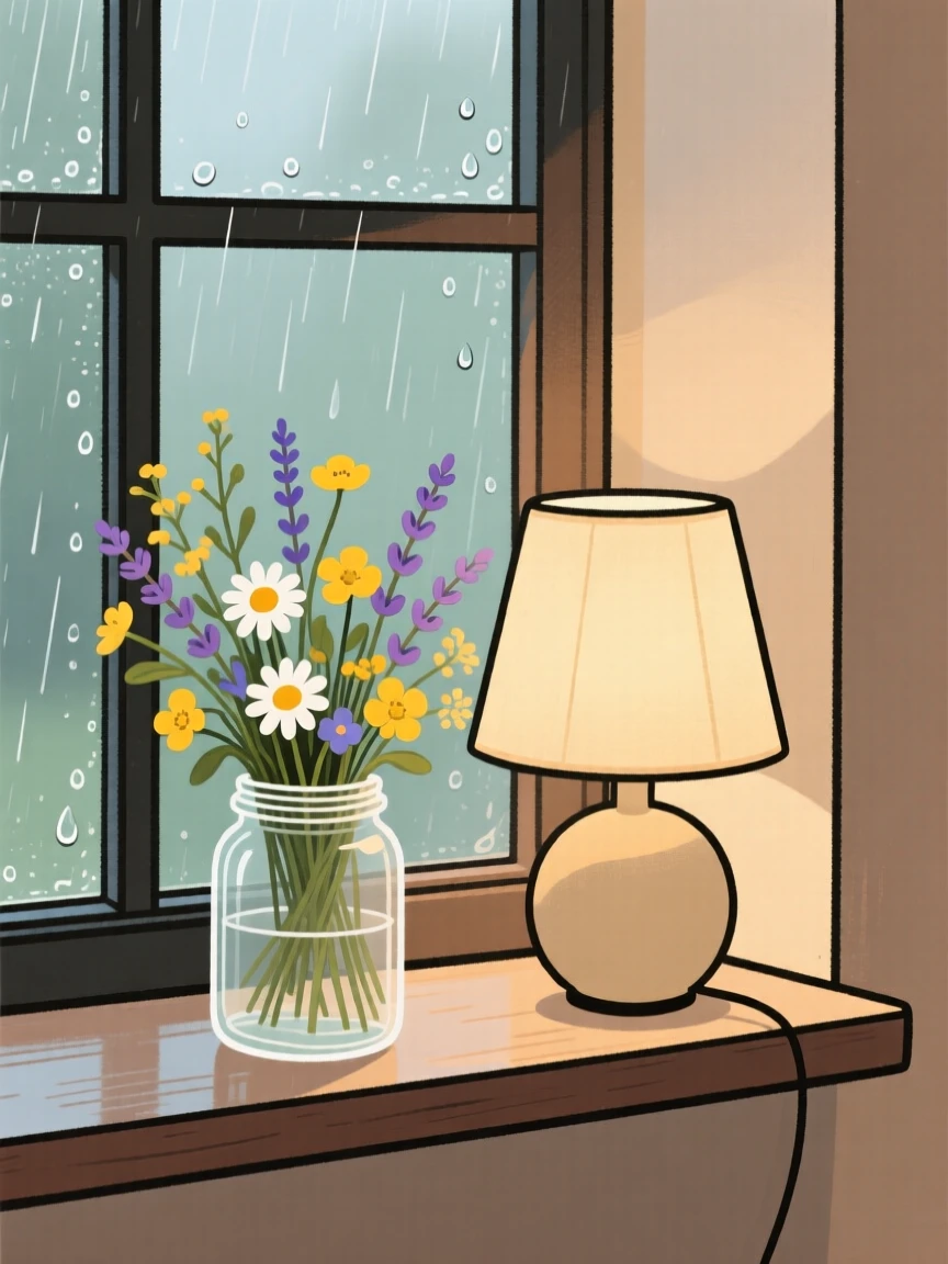 A windowsill holds a simple arrangement of fresh-cut wildflowers in a glass jar, lit softly by the glow of a nearby lamp beside a rain-speckled pane.