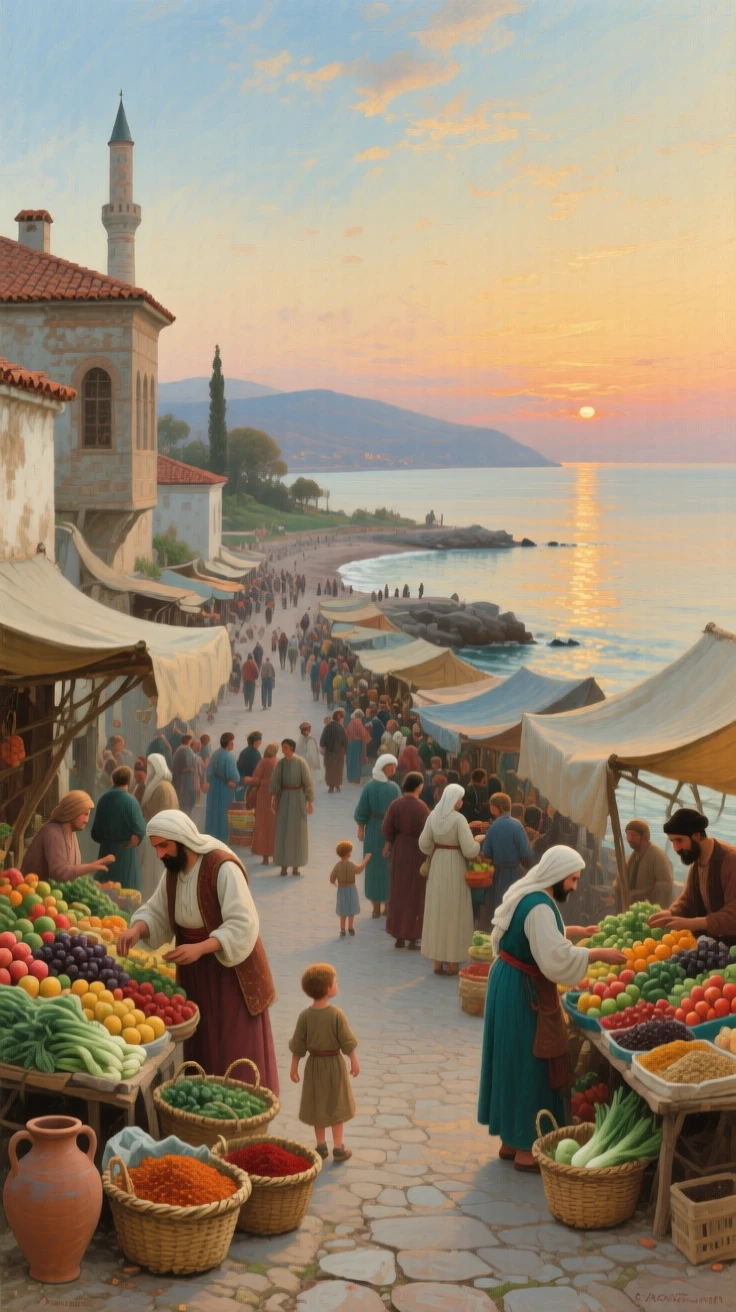 A grand panoramic scene of a bustling open-air market with vendors selling fresh produce and spices, along the Turkish coast, at dusk.