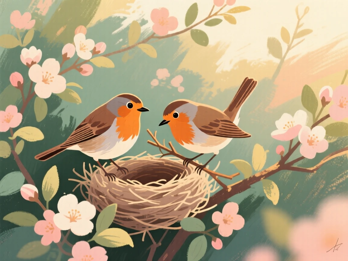 A pair of robins building a nest in a blossoming hedge