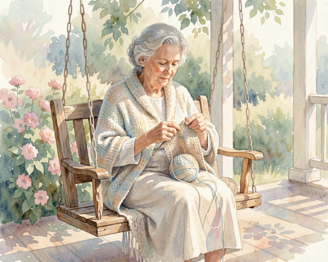 A grandmother knitting on a porch swing in a peaceful, unhurried moment.