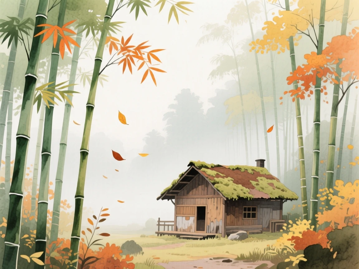 A breathtaking view of a misty bamboo grove as autumn leaves fall, with a rustic cabin tucked among the trees