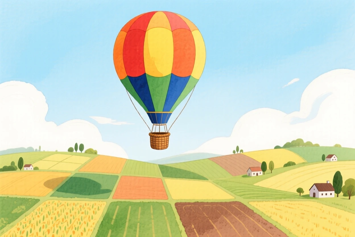 A hot air balloon drifting over a patchwork of farm fields, peaceful and full of gentle motion.