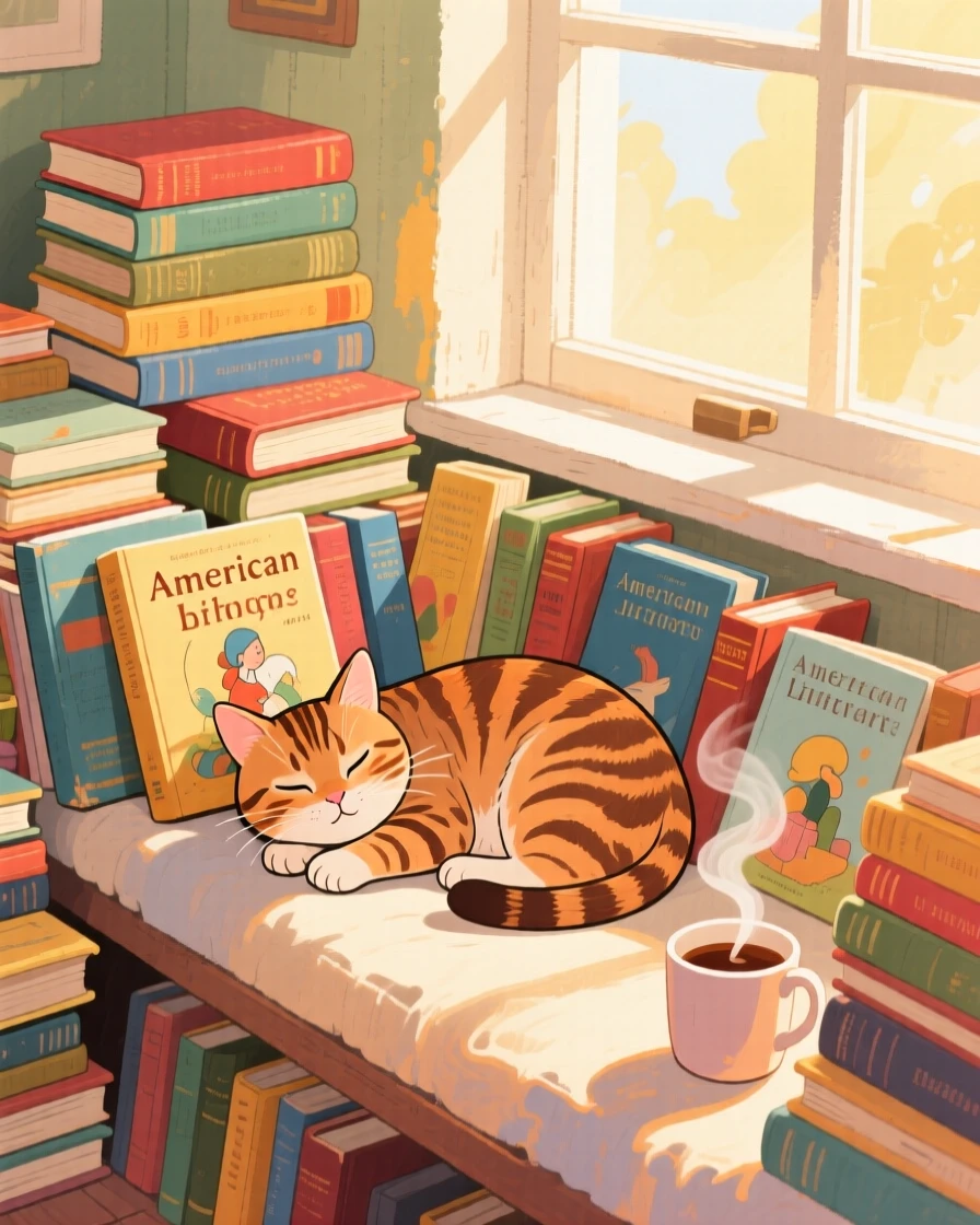 A window seat piled with books and a sleepy tabby cat basking in sunlight, with steam curling gently upward, evoking a gentle, unhurried happiness.