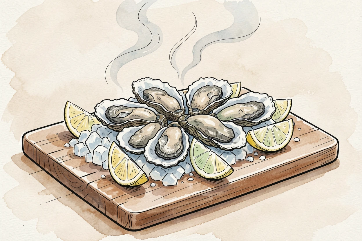 A wooden board of fresh oysters on ice with lemon wedges, steam curling gently into the warm kitchen air.