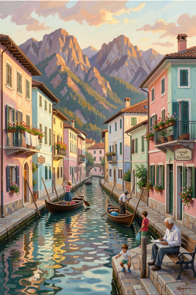 A network of canals lined with pastel-colored houses, with mountains rising dramatically in the background, locals going about their daily routines, at golden hour, warm light bathing every surface.