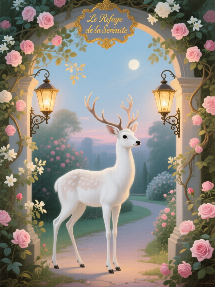 A white deer standing beneath a lantern-lit garden arch  
