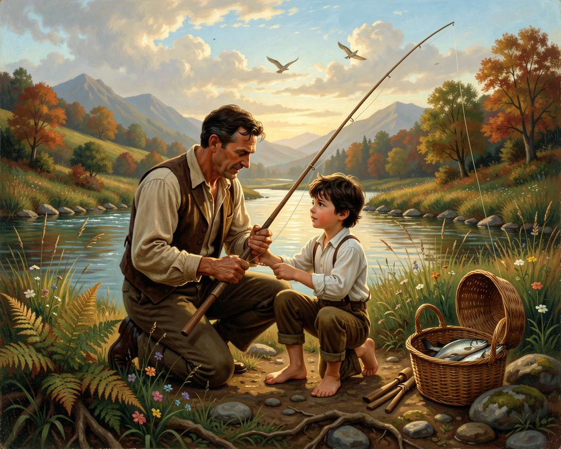 A father teaches his son to fish along a quiet riverbank.