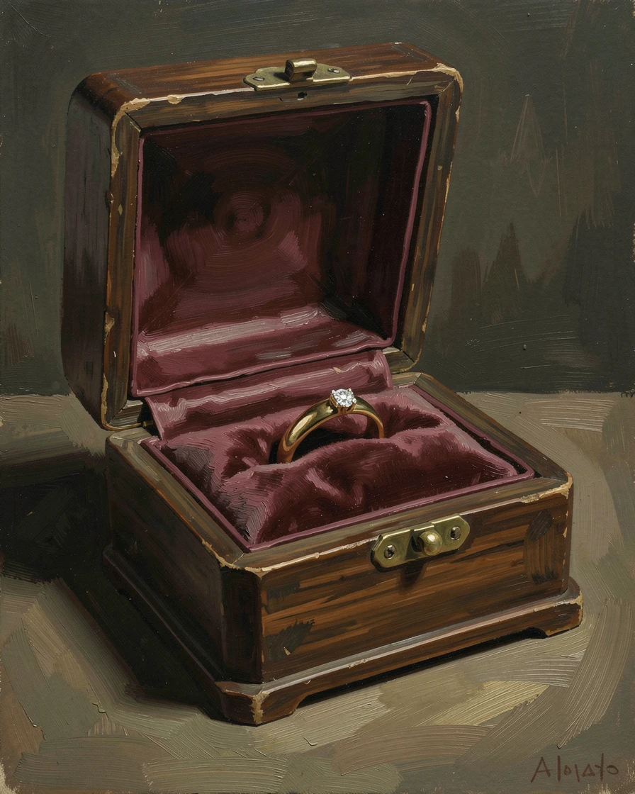 An elegant wedding ring resting inside an open antique box, arranged with careful, deliberate elegance, offering a classic, gallery-worthy still life composition