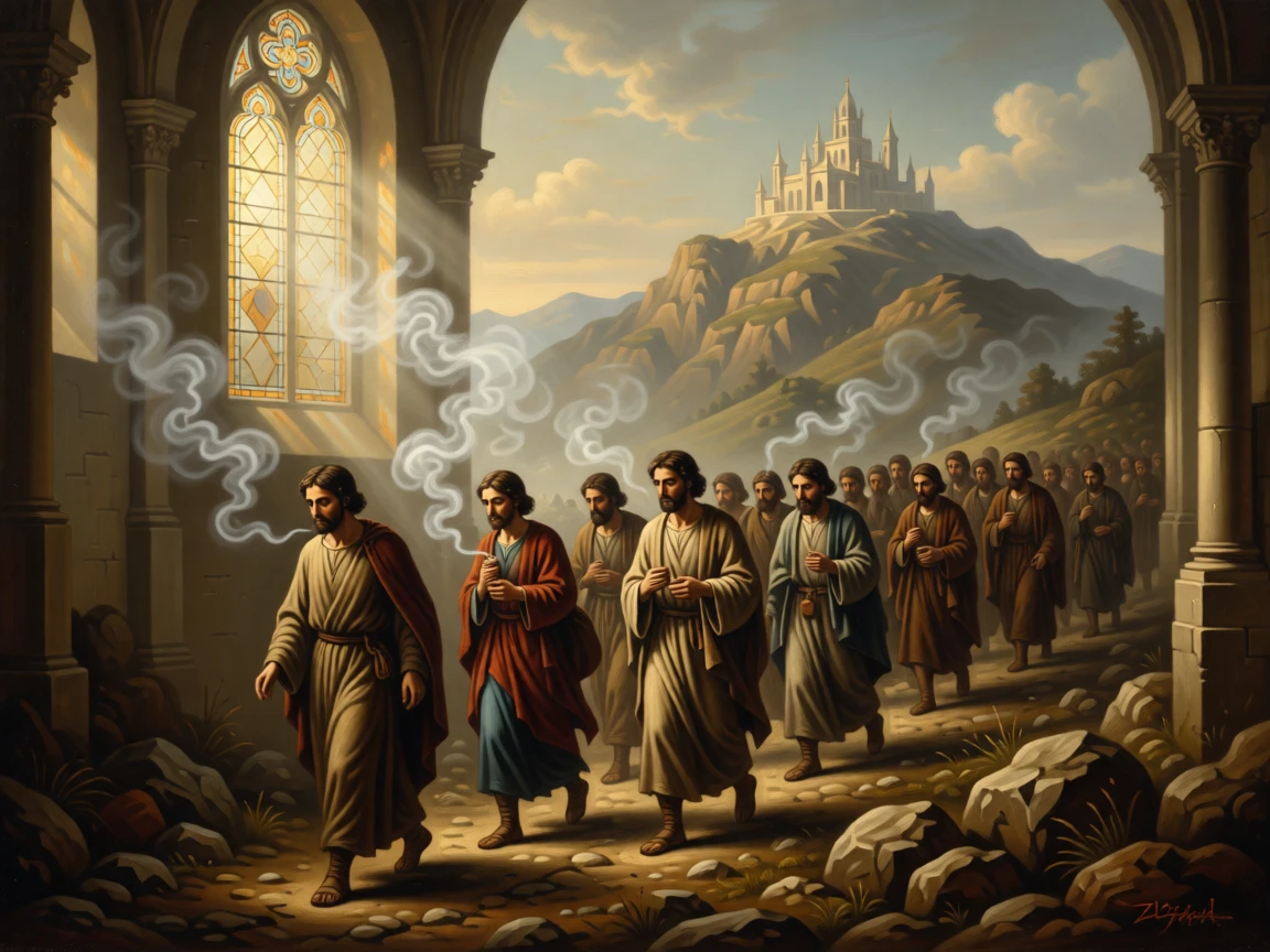 Pilgrims crossing a perilous mountain pass toward a distant shrine as light seems to answer a silent prayer, set within a sunlit chapel filled with drifting incense smoke, with soft, radiant light breaking gently through clouds or stained glass; quiet, uncluttered space allows the emotional core room to breathe, suggesting the enduring comfort of belief and community.