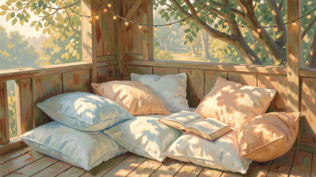 A cozy reading corner in a treehouse, fairy lights strung above a nest of soft cushions, filled with warmth and nostalgia.
