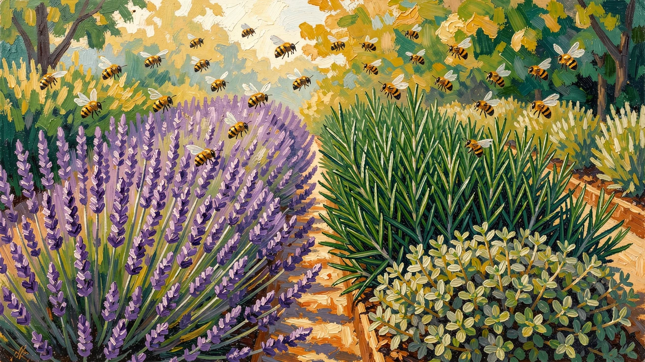A herb garden with rows of lavender, rosemary, and thyme buzzing with bees.