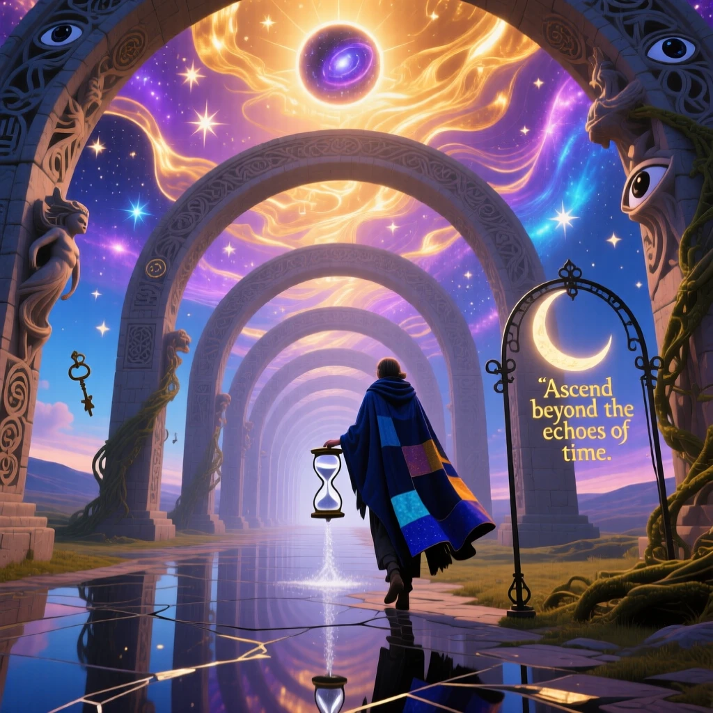 A tunnel of arches that dissolve into starlight casts no shadow despite the low afternoon sun, as a lone traveler climbs toward its summit.