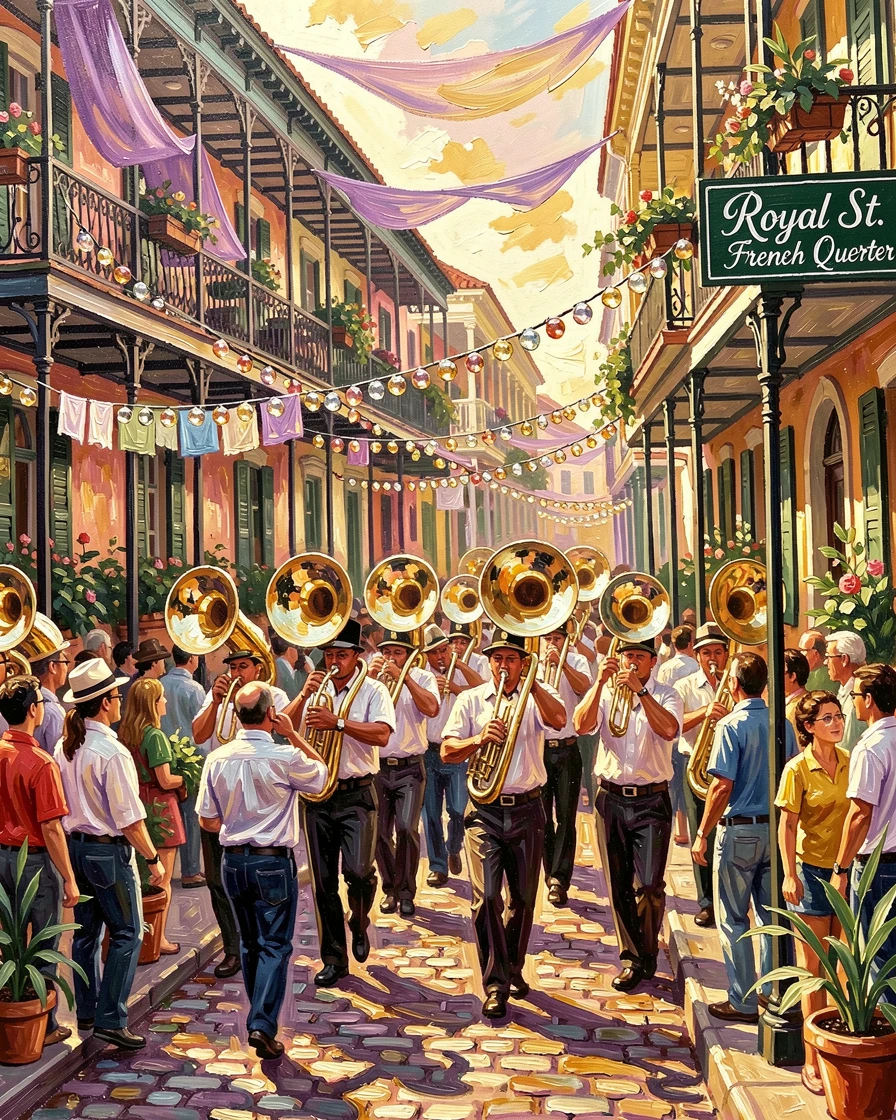 A colorful street festival in New Orleans fills the French Quarter with beads, brass bands, and wrought-iron balconies draped in purple and gold, small everyday details, like drying laundry or potted plants, giving the scene a lived-in warmth.