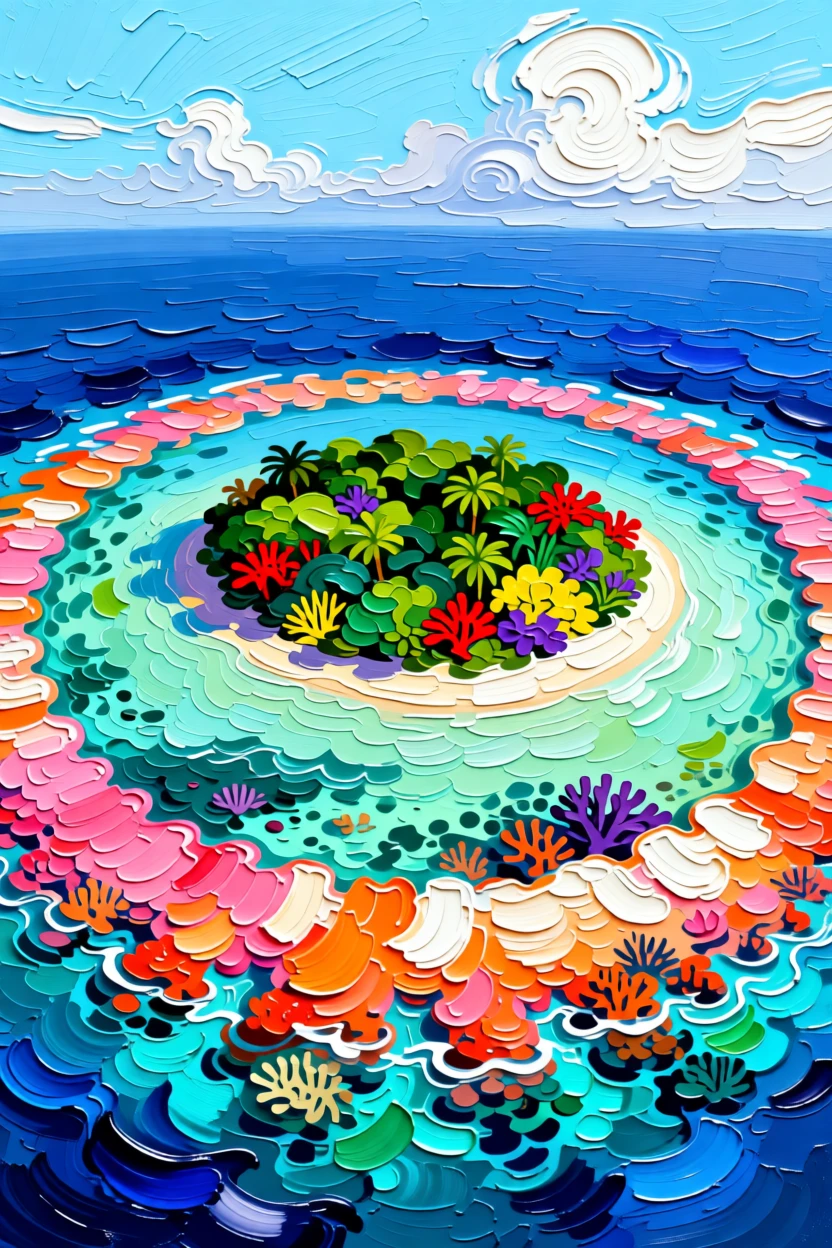A tropical island seen from above, a perfect ring of coral reef surrounding it