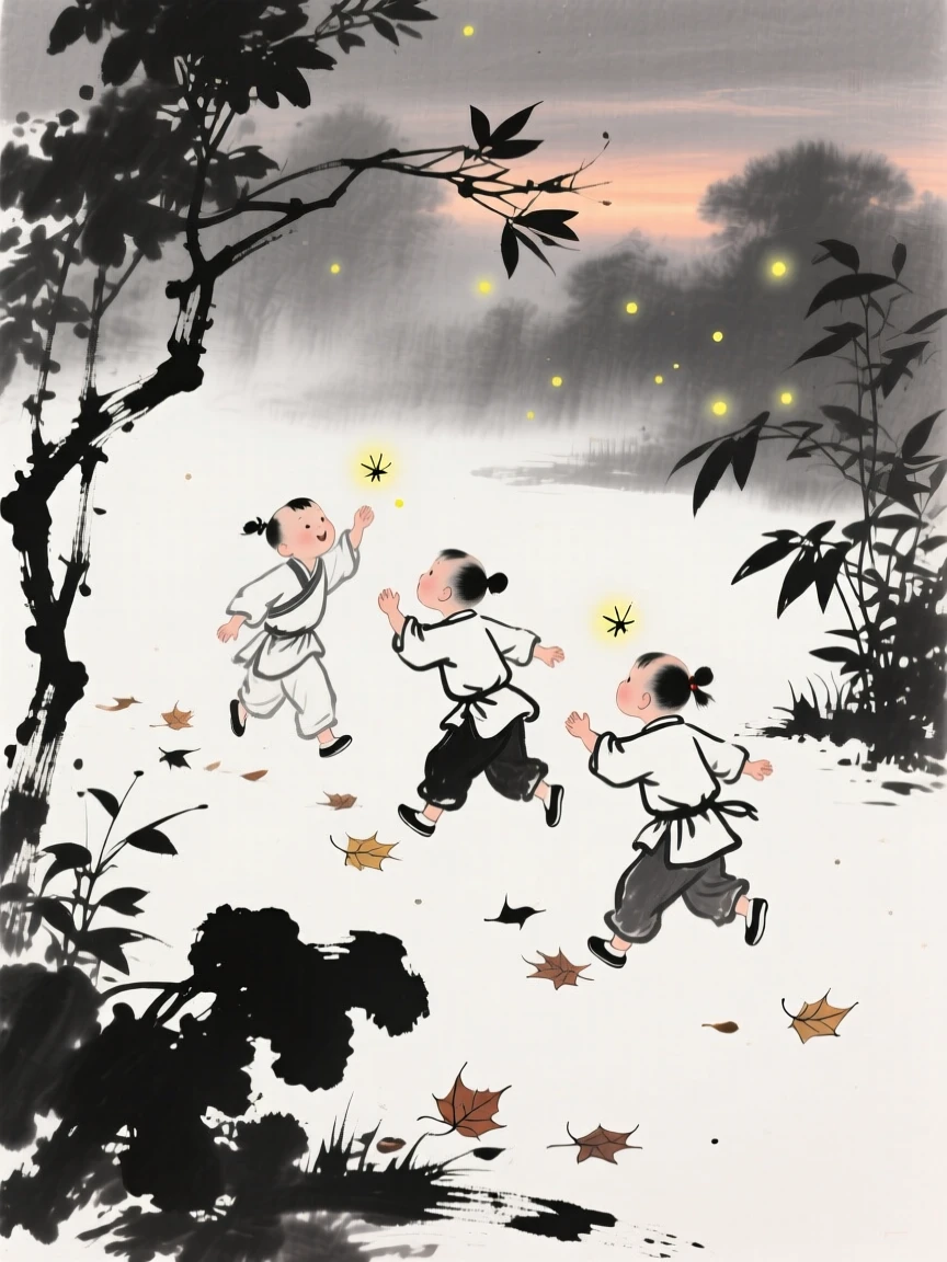 Children chase fireflies through a garden at dusk, as autumn leaves scatter around their feet.