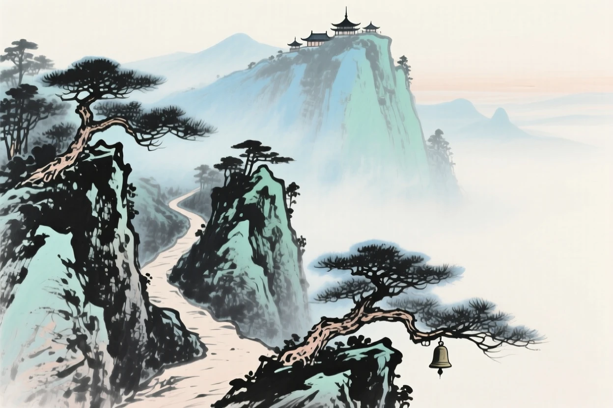 A steep mountain trail leading toward a distant summit, with distant temple bells barely audible on the wind, evoking a sense of quiet solitude.