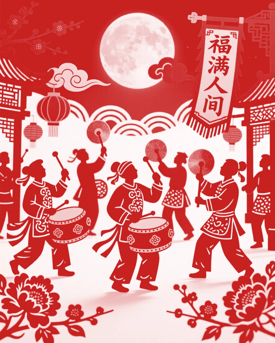 A scene of a street parade with drums and cymbals, where red and gold decorations shimmer in the evening light, with a full moon rising behind paper-cut silhouettes.