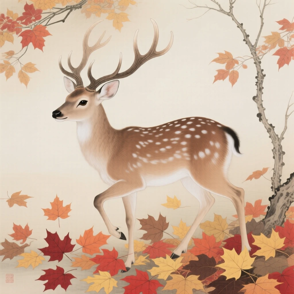 A deer with velvet antlers playing among fallen autumn leaves