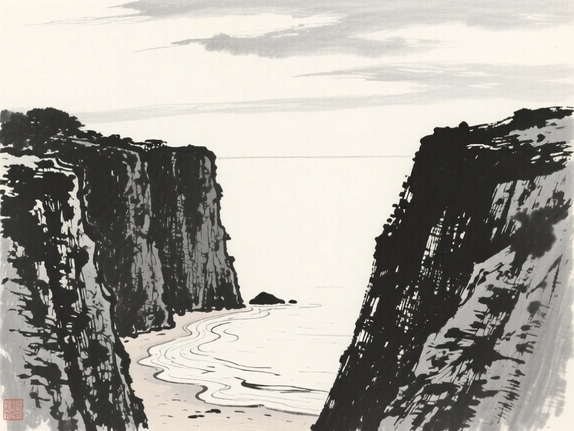 A secluded cove framed by tall standing cliffs under a wide open sky scattered with drifting clouds, viewed from a high vantage point looking down across the whole scene, conveying calm reflection and gentle isolation.