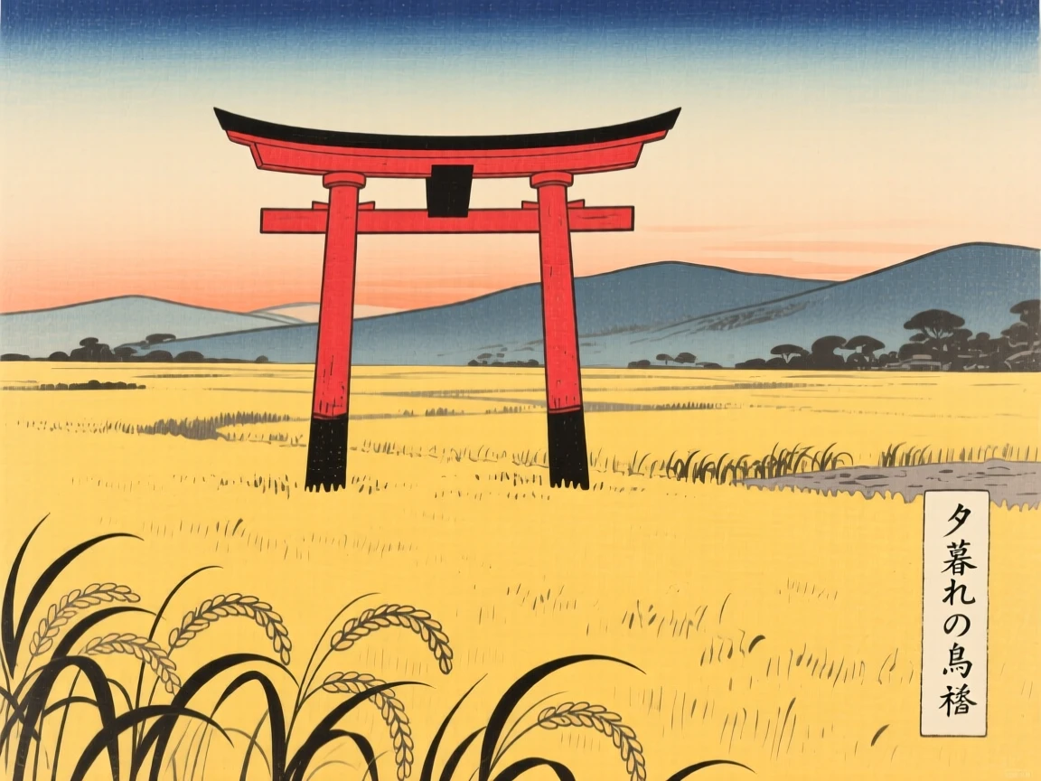 An iconic red torii gate standing alone in a golden evening field.