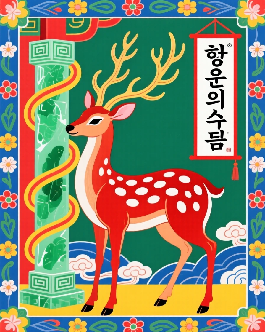 A powerful depiction of a spotted deer with tall antlers coiling around a jade pillar.