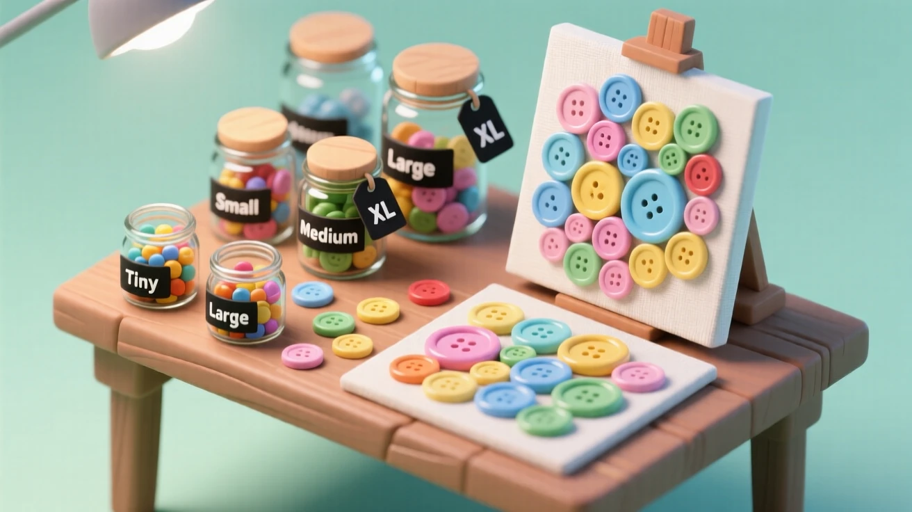 A button art collage session with jars of colorful buttons sorted by size, a canvas slowly filling with a mosaic design.