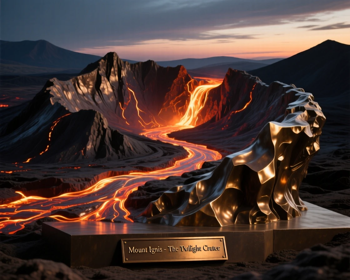 A dramatic volcanic crater glowing at twilight, capturing a powerful sense of scale and grandeur, offering a breathtaking sense of place