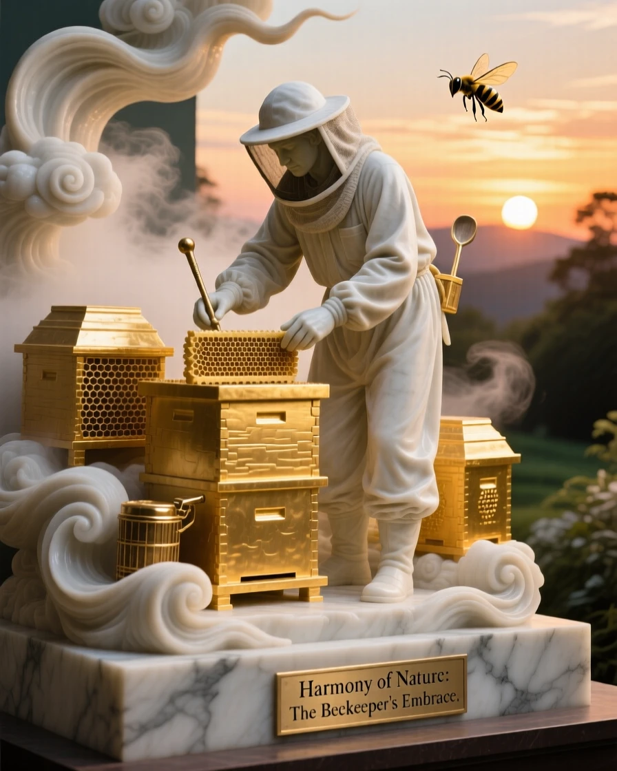A vivid, emotionally rich scene of a beekeeper tending golden hives at sunset, amid swirling clouds and mist, designed to captivate and inspire