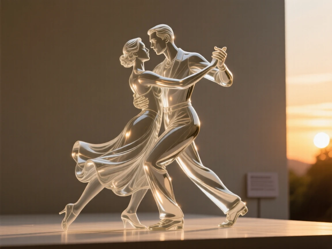 A tango couple locked in a dramatic pose mid-dance, with the last light of sunset glowing behind the stage