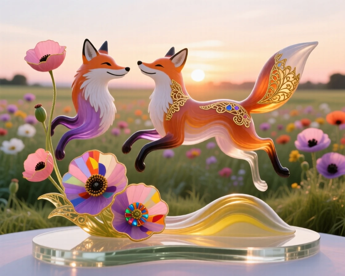 A pair of foxes playing in a field of blooming poppies at dawn, playful and vivid.
