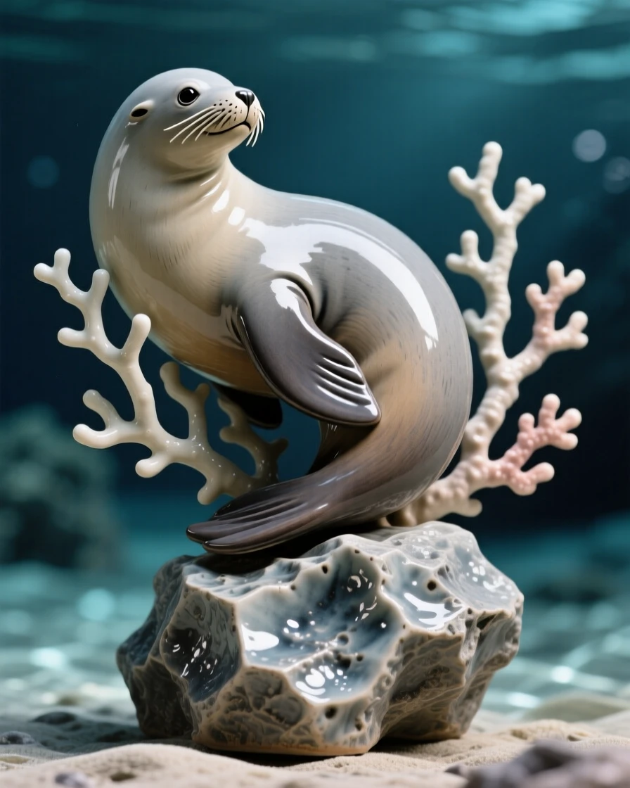 A sea lion balancing on a rock curled gracefully around swaying coral, its surface dappled with shifting light patterns, radiating playful, gentle joy.