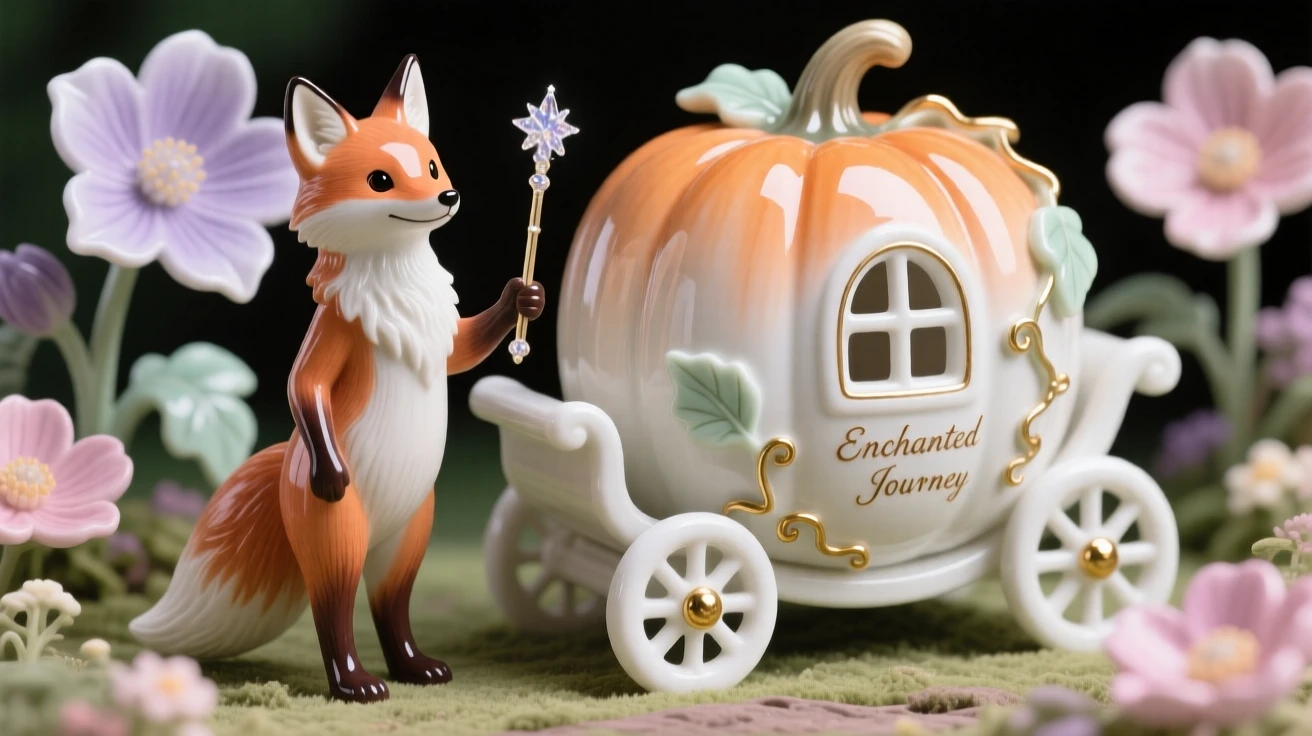 A whimsical scene of a talking fox waving a sparkling wand over a pumpkin carriage in a garden of oversized flowers.