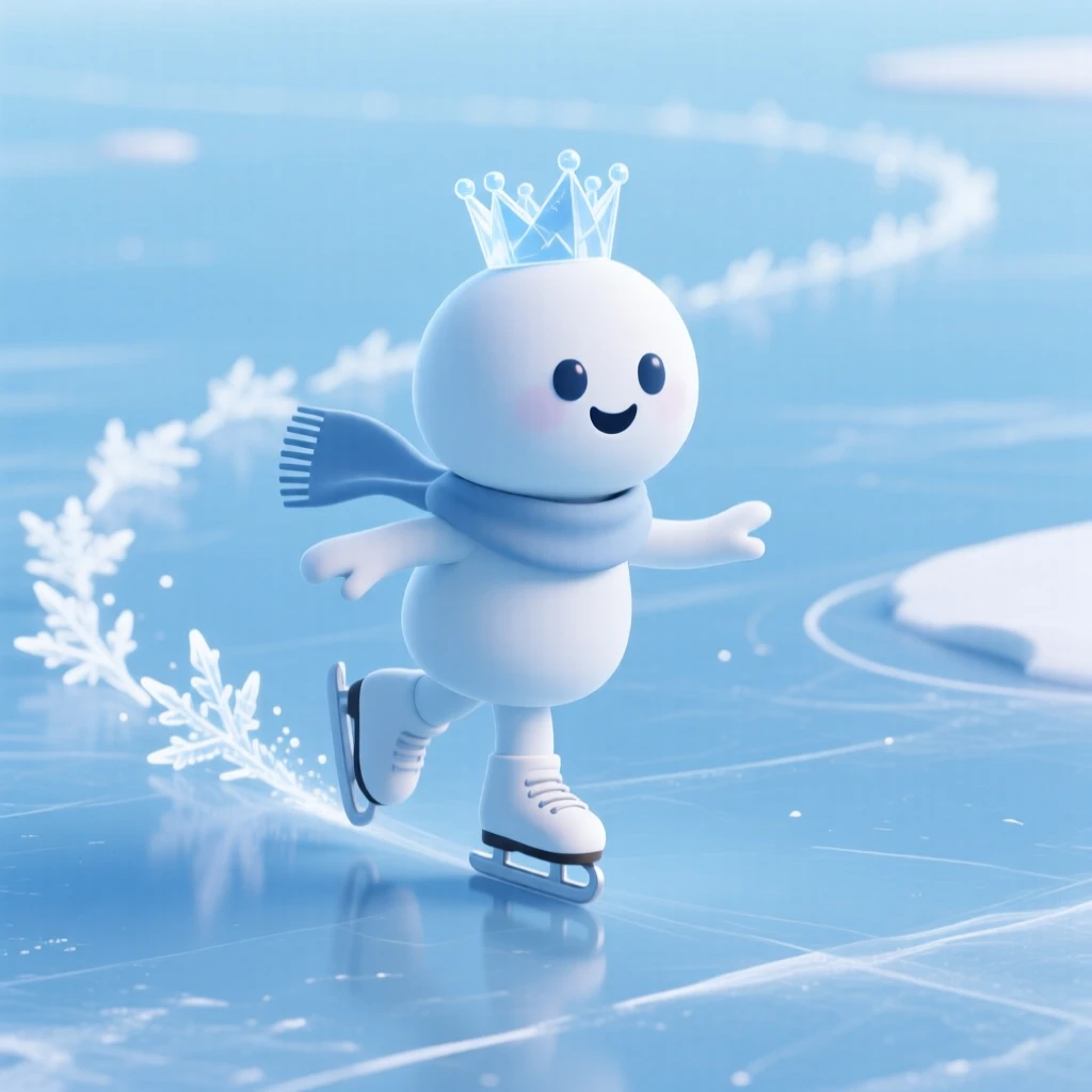 A cheerful ice spirit skates gracefully across a frozen lake, leaving trails of sparkling frost with every glide.