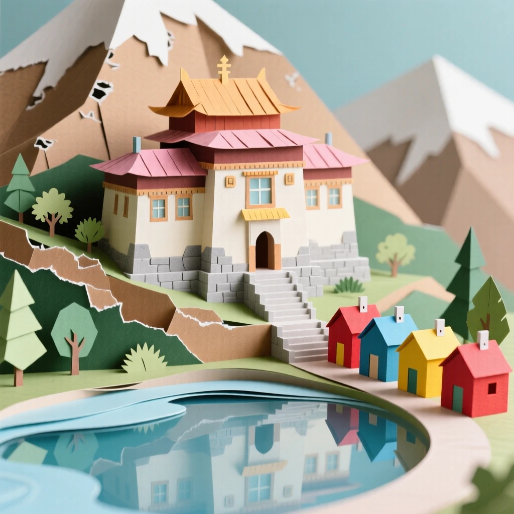 A grand mountain monastery reflecting soft colors in still water nearby, with colorful buildings lining the path, evoking quiet, timeless beauty.