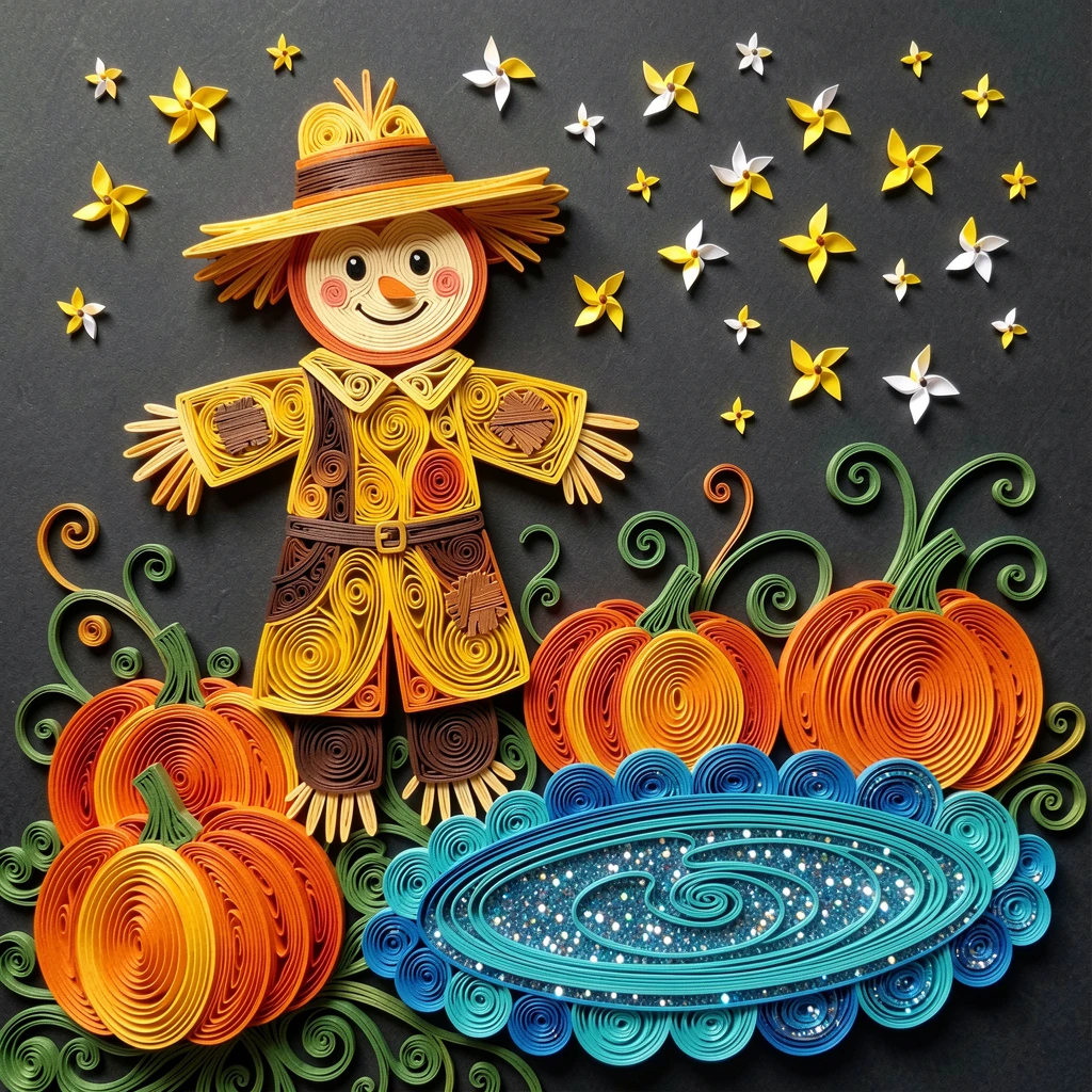 A whimsical children's scene of a friendly scarecrow standing in a pumpkin patch beside a sparkling toy pond, with tiny glowing fireflies scattered about, composed with playful, bouncy rounded shapes throughout.