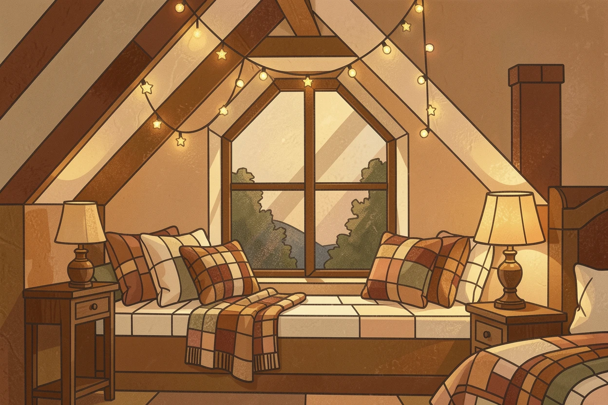 A cozy attic bedroom with fairy lights and a window seat, with soft warm lighting and an inviting, peaceful atmosphere.