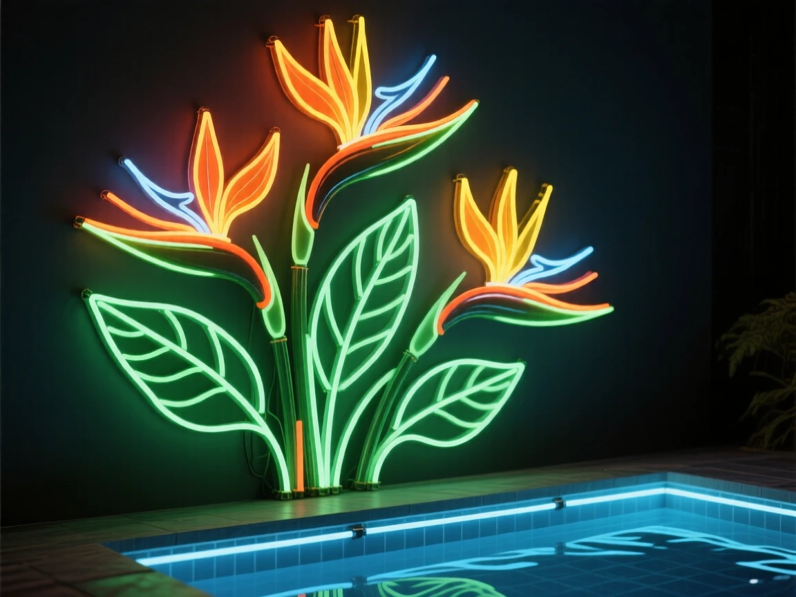 A cluster of birds of paradise flowers growing beside a pool.