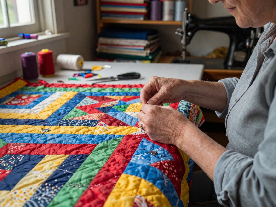A quilt maker stitching a colorful patchwork by hand