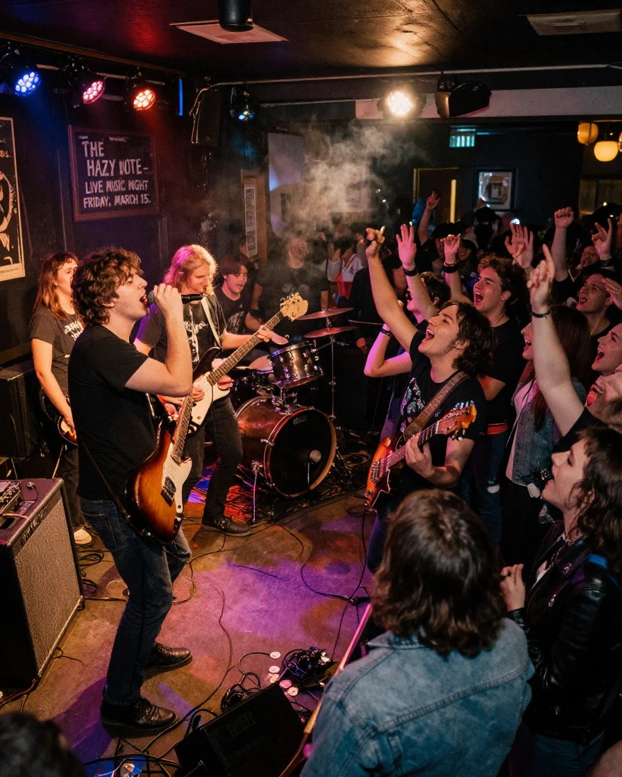 A rock band performs on a small stage as a crowd sings every word back to them.