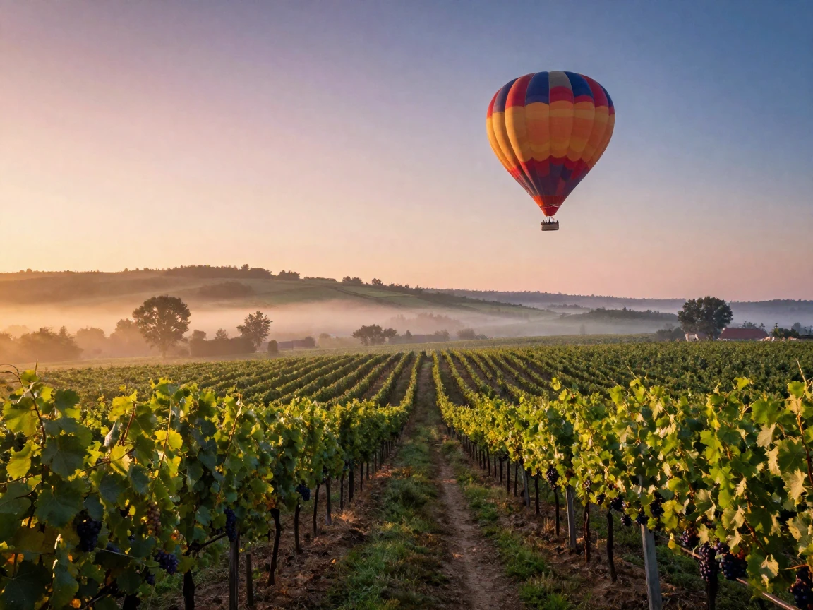 A hot air balloon drifting silently over a valley of vineyards at dawn